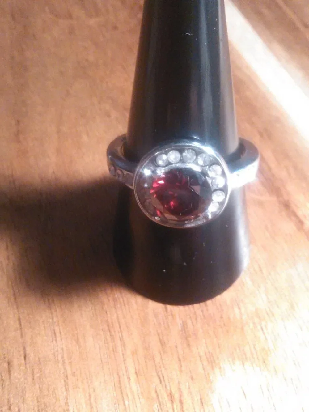 Simulated Ruby and White Crystal Silvertone Ring (Size 9.75)